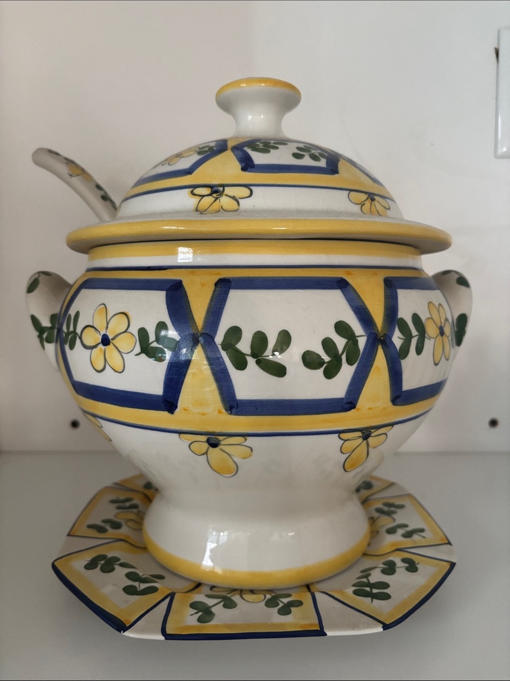 Hand-Painted Yellow & Blue Floral Ceramic Soup Tureen with Ladle and Base
